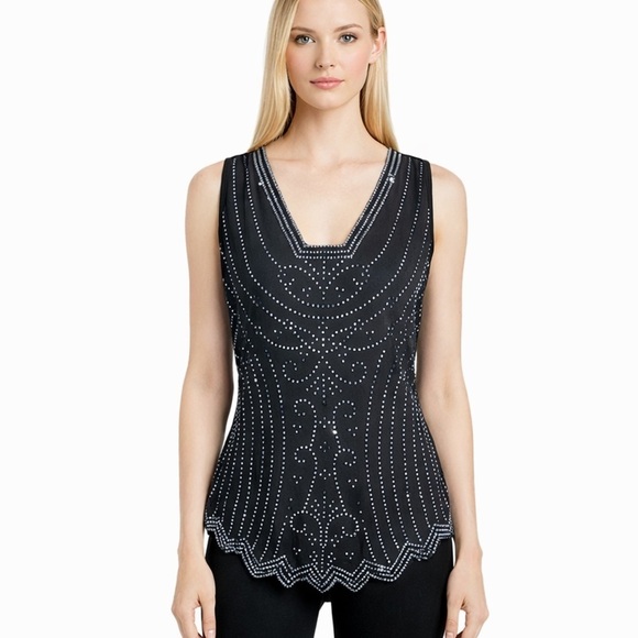 Tops - S. Levine Formal Beaded Front Tank Top Shell Black Stretch Knit Elegant Size XXL